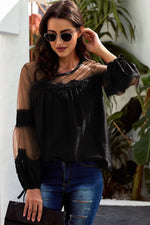 Tied Spliced Mesh Bubble Sleeve Blouse - SHE BADDY© ONLINE WOMEN FASHION & CLOTHING STORE