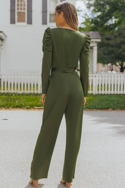 Belted Long Puff Sleeve V-Neck Jumpsuit - SHE BADDY© ONLINE WOMEN FASHION & CLOTHING STORE