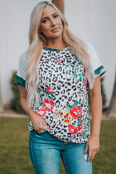 Floral Leopard Short Raglan Sleeve T-Shirt - SHE BADDY© ONLINE WOMEN FASHION & CLOTHING STORE