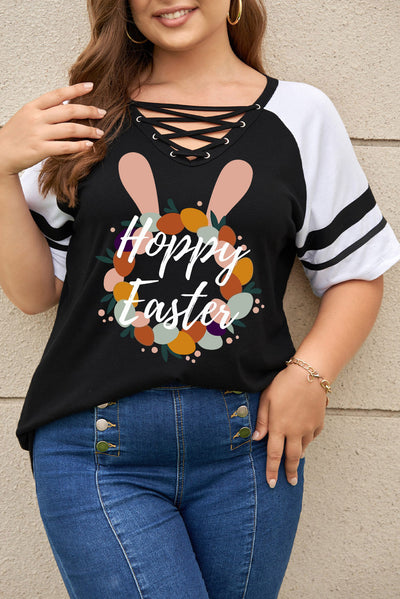 Plus Size HOPPY EASTER Graphic Crisscross V-Neck Tee - SHE BADDY© ONLINE WOMEN FASHION & CLOTHING STORE