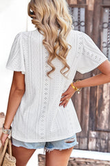 Frill Trim Round Neck Eyelet Puff Sleeve Blouse - SHE BADDY© ONLINE WOMEN FASHION & CLOTHING STORE