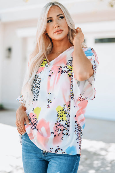 Mixed Print V-Neck Half Sleeve Top - SHE BADDY© ONLINE WOMEN FASHION & CLOTHING STORE