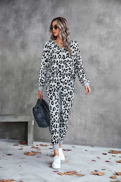 Leopard V-Neck Dropped Shoulder Loungewear Set - SHE BADDY© ONLINE WOMEN FASHION & CLOTHING STORE