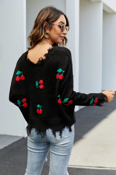 Cherry Pattern Frayed Trim V-Neck Sweater - SHE BADDY© ONLINE WOMEN FASHION & CLOTHING STORE
