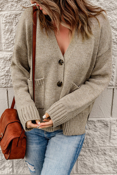 Ribbed Trim Button Down Cardigan with Pockets - SHE BADDY© ONLINE WOMEN FASHION & CLOTHING STORE