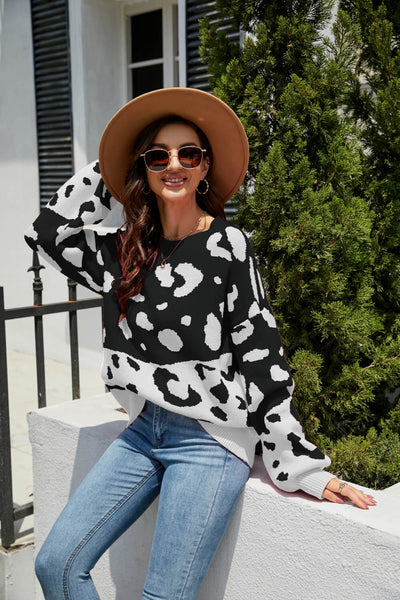 Leopard Ribbed Trim Dropped Shoulder Sweater - SHE BADDY© ONLINE WOMEN FASHION & CLOTHING STORE