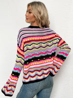 Rainbow Stripe Openwork Flare Sleeve Knit Top - SHE BADDY© ONLINE WOMEN FASHION & CLOTHING STORE