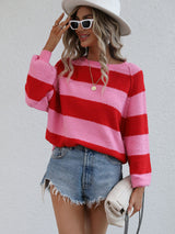 Striped Raglan Sleeve Ribbed Trim Knit Top - SHE BADDY© ONLINE WOMEN FASHION & CLOTHING STORE