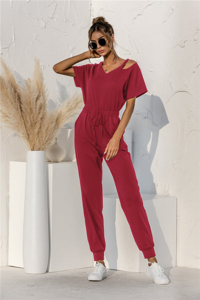 Cut Out V-neck Drawstring Jumpsuit - SHE BADDY© ONLINE WOMEN FASHION & CLOTHING STORE