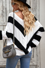 Chevron Cable-Knit V-Neck Tunic Sweater - SHE BADDY© ONLINE WOMEN FASHION & CLOTHING STORE