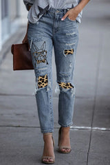 Easter Leopard Patch Bunny Graphic Jeans - SHE BADDY© ONLINE WOMEN FASHION & CLOTHING STORE