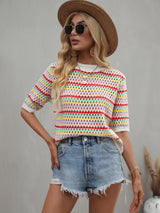 Striped Openwork Half Sleeve Knit Top - SHE BADDY© ONLINE WOMEN FASHION & CLOTHING STORE