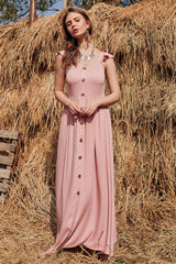 Decorative Button Ruffle Trim Smocked Maxi Dress - SHE BADDY© ONLINE WOMEN FASHION & CLOTHING STORE