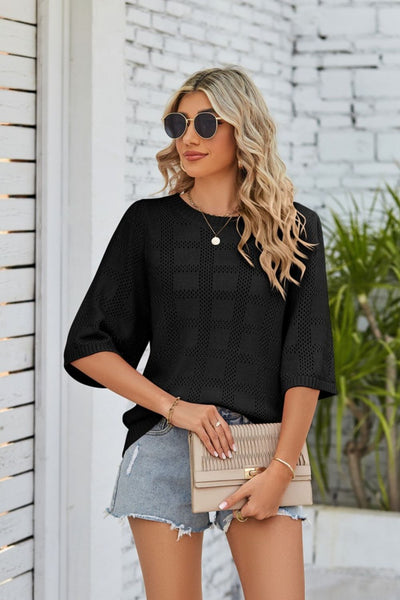 Ribbed Trim Round Neck Knit Top - SHE BADDY© ONLINE WOMEN FASHION & CLOTHING STORE