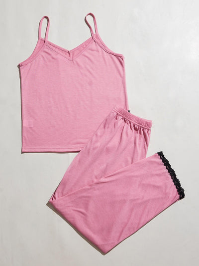 V-Neck Lace Trim Slit Cami and Pants Pajama Set - SHE BADDY© ONLINE WOMEN FASHION & CLOTHING STORE
