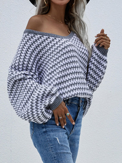 Striped Drop Shoulder V-Neck Pullover Sweater - SHE BADDY© ONLINE WOMEN FASHION & CLOTHING STORE