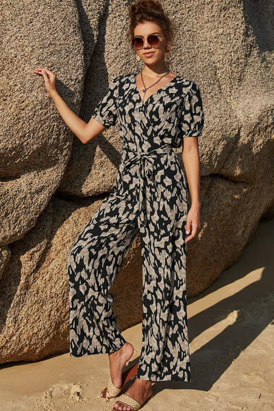 Printed Tie-Waist Surplice Jumpsuit - SHE BADDY© ONLINE WOMEN FASHION & CLOTHING STORE