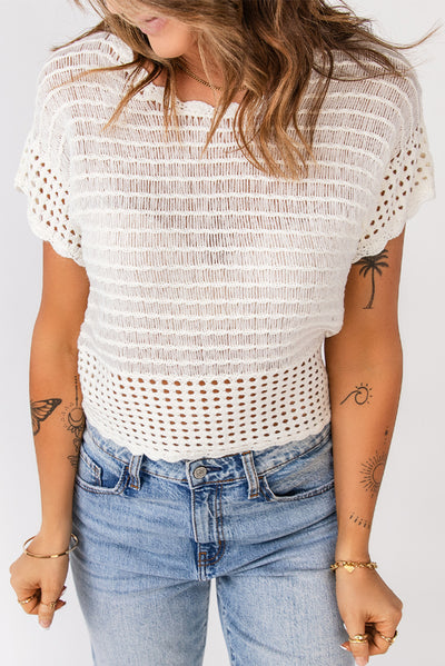 Scalloped Trim Openwork Knit Cropped Top - SHE BADDY© ONLINE WOMEN FASHION & CLOTHING STORE