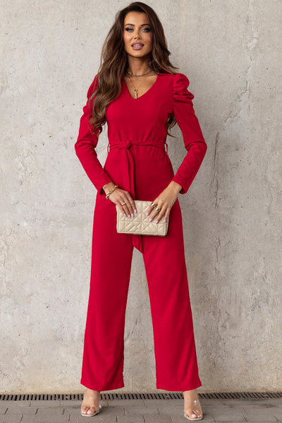 Belted Long Puff Sleeve V-Neck Jumpsuit - SHE BADDY© ONLINE WOMEN FASHION & CLOTHING STORE