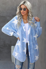 Star Open Front Fuzzy Hooded Jacket with Pockets - SHE BADDY© ONLINE WOMEN FASHION & CLOTHING STORE