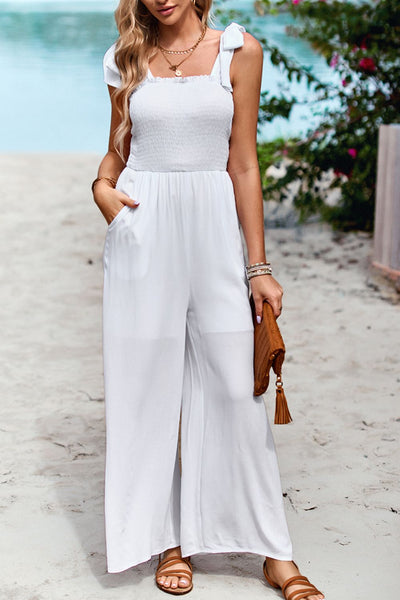 Frill Trim Tie Shoulder Wide Leg Jumpsuit with Pockets - SHE BADDY© ONLINE WOMEN FASHION & CLOTHING STORE