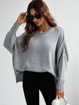 Exposed Seam Dropped Shoulder Slit Sweater - SHE BADDY© ONLINE WOMEN FASHION & CLOTHING STORE