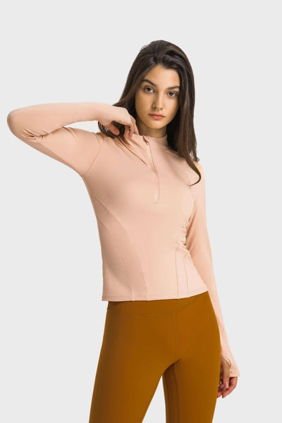 Half Zip Thumbhole Sleeve Sports Top - SHE BADDY© ONLINE WOMEN FASHION & CLOTHING STORE