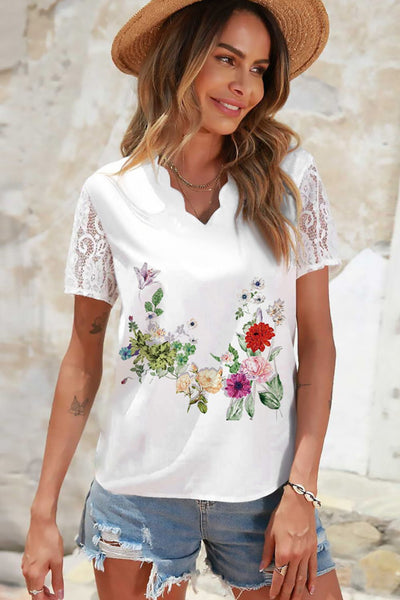 Floral Graphic Scalloped V-Neck Top - SHE BADDY© ONLINE WOMEN FASHION & CLOTHING STORE