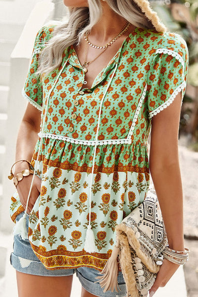 Bohemian Tie Neck Buttoned Blouse - SHE BADDY© ONLINE WOMEN FASHION & CLOTHING STORE