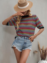 Striped Openwork Half Sleeve Knit Top - SHE BADDY© ONLINE WOMEN FASHION & CLOTHING STORE