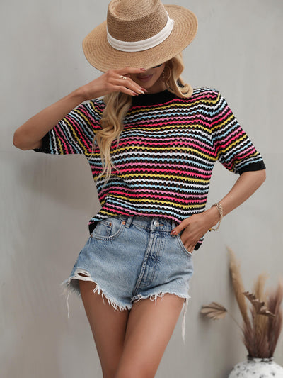 Striped Openwork Half Sleeve Knit Top - SHE BADDY© ONLINE WOMEN FASHION & CLOTHING STORE