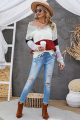 Color Block Distressed V-Neck Ribbed Sweater - SHE BADDY© ONLINE WOMEN FASHION & CLOTHING STORE
