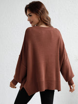 Exposed Seam Dropped Shoulder Slit Sweater - SHE BADDY© ONLINE WOMEN FASHION & CLOTHING STORE