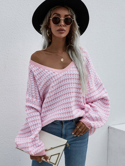 Striped Drop Shoulder V-Neck Pullover Sweater - SHE BADDY© ONLINE WOMEN FASHION & CLOTHING STORE