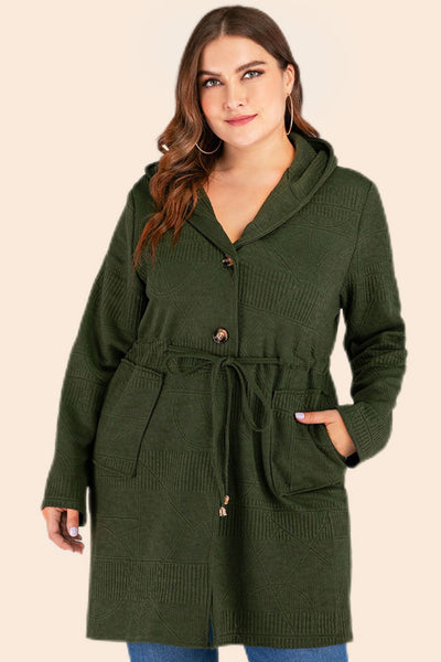 Plus Size Drawstring Waist Hooded Cardigan with Pockets - SHE BADDY© ONLINE WOMEN FASHION & CLOTHING STORE