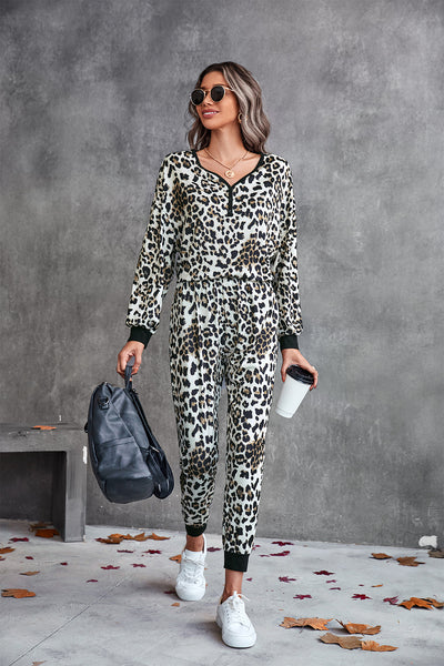 Leopard V-Neck Dropped Shoulder Loungewear Set - SHE BADDY© ONLINE WOMEN FASHION & CLOTHING STORE