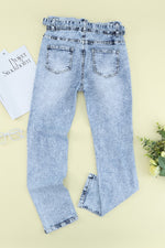 Acid Wash Belted Button Fly Distressed Jeans - SHE BADDY© ONLINE WOMEN FASHION & CLOTHING STORE