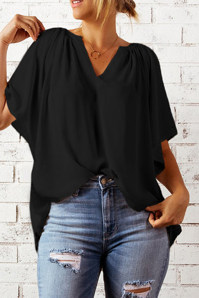 Gathered Detail Notched Neck Flutter Sleeve Top - SHE BADDY© ONLINE WOMEN FASHION & CLOTHING STORE