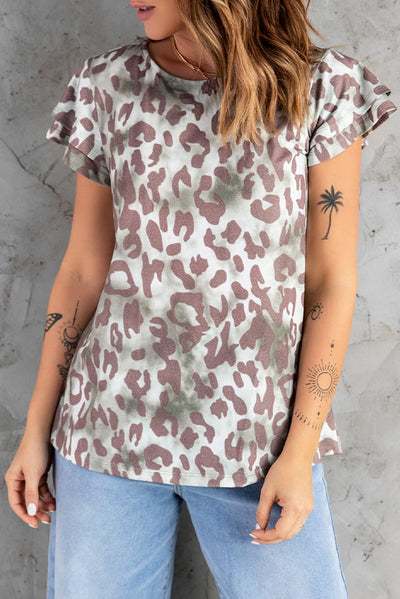 Leopard Layered Flutter Sleeve Tee Shirt - SHE BADDY© ONLINE WOMEN FASHION & CLOTHING STORE