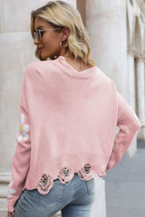 Flower Distressed Ribbed Trim Sweater - SHE BADDY© ONLINE WOMEN FASHION & CLOTHING STORE