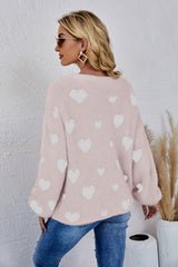 Heart Print Fuzzy Crewneck Long Sleeve Sweater - SHE BADDY© ONLINE WOMEN FASHION & CLOTHING STORE