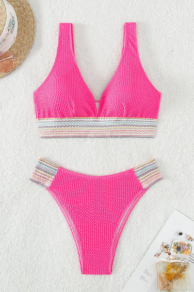 Contrast Textured High Cut Swim Set - SHE BADDY© ONLINE WOMEN FASHION & CLOTHING STORE