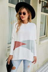 Color Block Round Neck Side Slit Sweater - SHE BADDY© ONLINE WOMEN FASHION & CLOTHING STORE