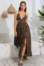Leopard Deep V Tie Back Split Dress - SHE BADDY© ONLINE WOMEN FASHION & CLOTHING STORE