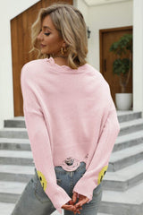 Smiley Face Distressed Round Neck Sweater - SHE BADDY© ONLINE WOMEN FASHION & CLOTHING STORE