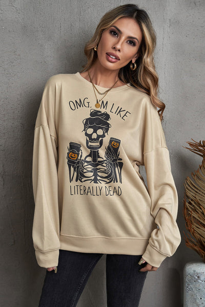 Halloween Skeleton Graphic Dropped Shoulder Sweatshirt - SHE BADDY© ONLINE WOMEN FASHION & CLOTHING STORE