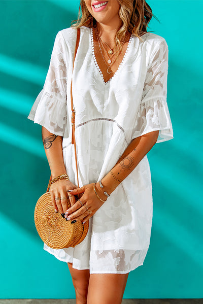 Applique V-Neck Flounce Sleeve Mini Dress - SHE BADDY© ONLINE WOMEN FASHION & CLOTHING STORE