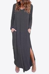 Split Long Sleeve V-Neck Maxi Dress - SHE BADDY© ONLINE WOMEN FASHION & CLOTHING STORE
