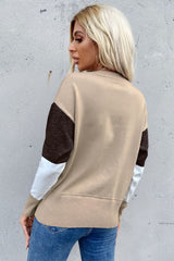 Color Block Ribbed Trim Round Neck Knit Pullover - SHE BADDY© ONLINE WOMEN FASHION & CLOTHING STORE