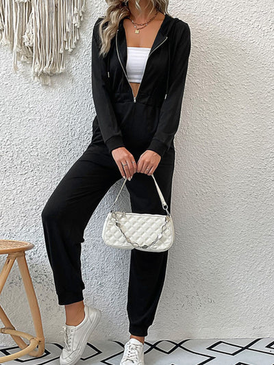 Zip Up Elastic Waist Hooded Jogger Jumpsuit - SHE BADDY© ONLINE WOMEN FASHION & CLOTHING STORE